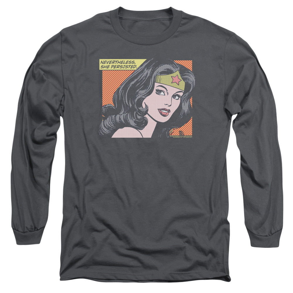 AN OFFCIALLY LICENSED DC WONDER WOMAN SHE PERSISTED MEN'S LONG SLEEVE T-SHIRT CHARCOAL