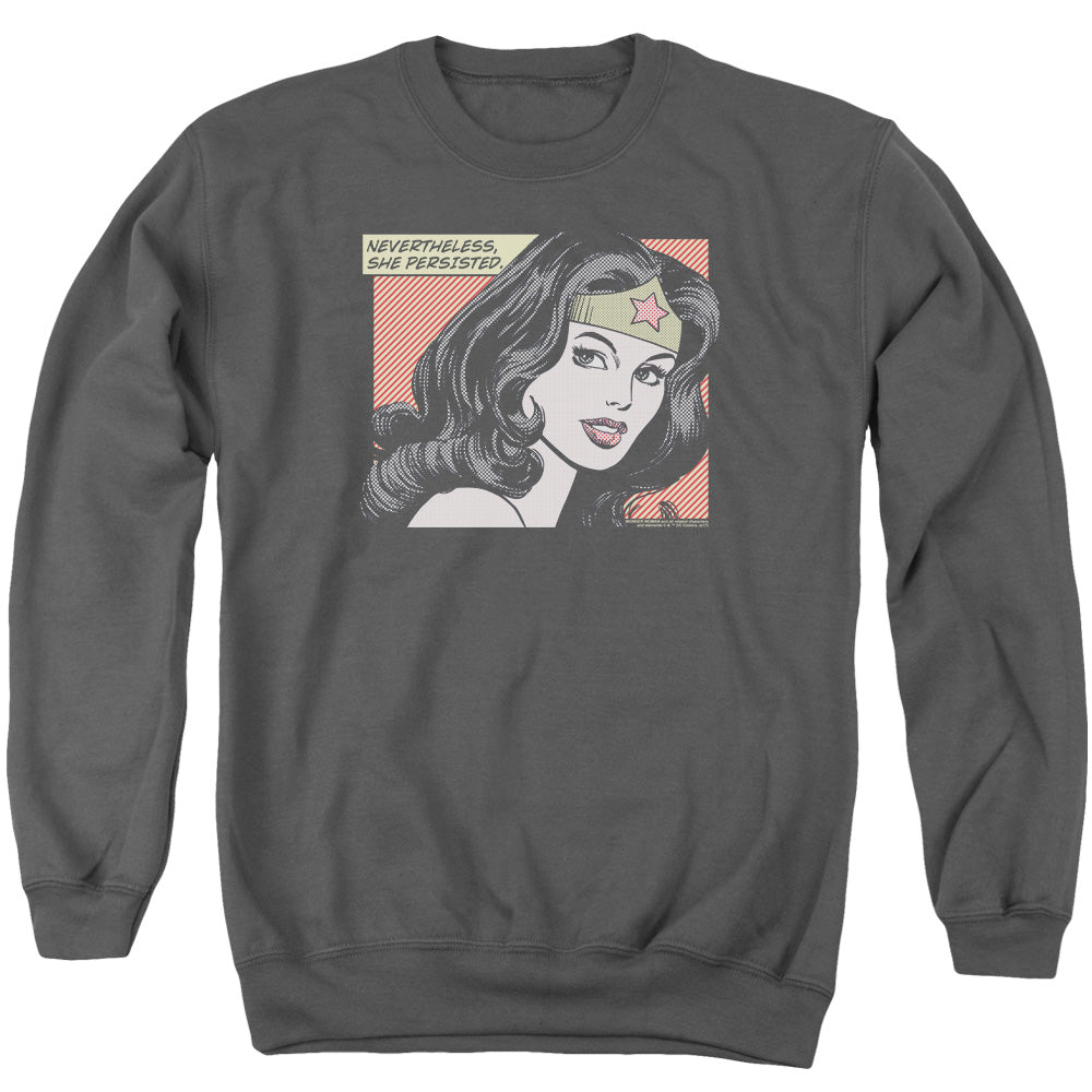 AN OFFCIALLY LICENSED DC WONDER WOMAN SHE PERSISTED ADULT UNISEX CREWNECK SWEATSHIRT CHARCOAL
