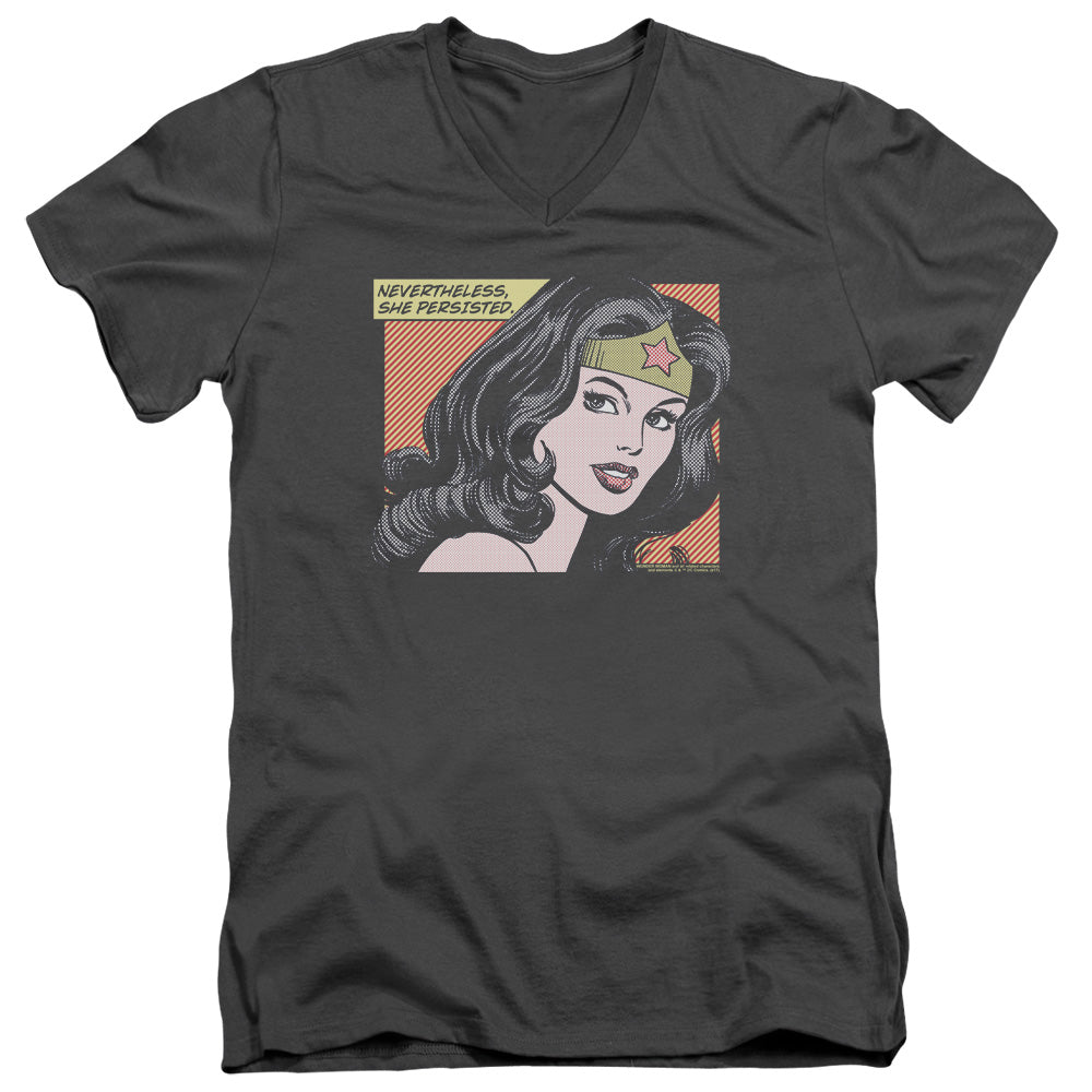 AN OFFCIALLY LICENSED DC WONDER WOMAN SHE PERSISTED MEN'S V-NECK T-SHIRT CHARCOAL