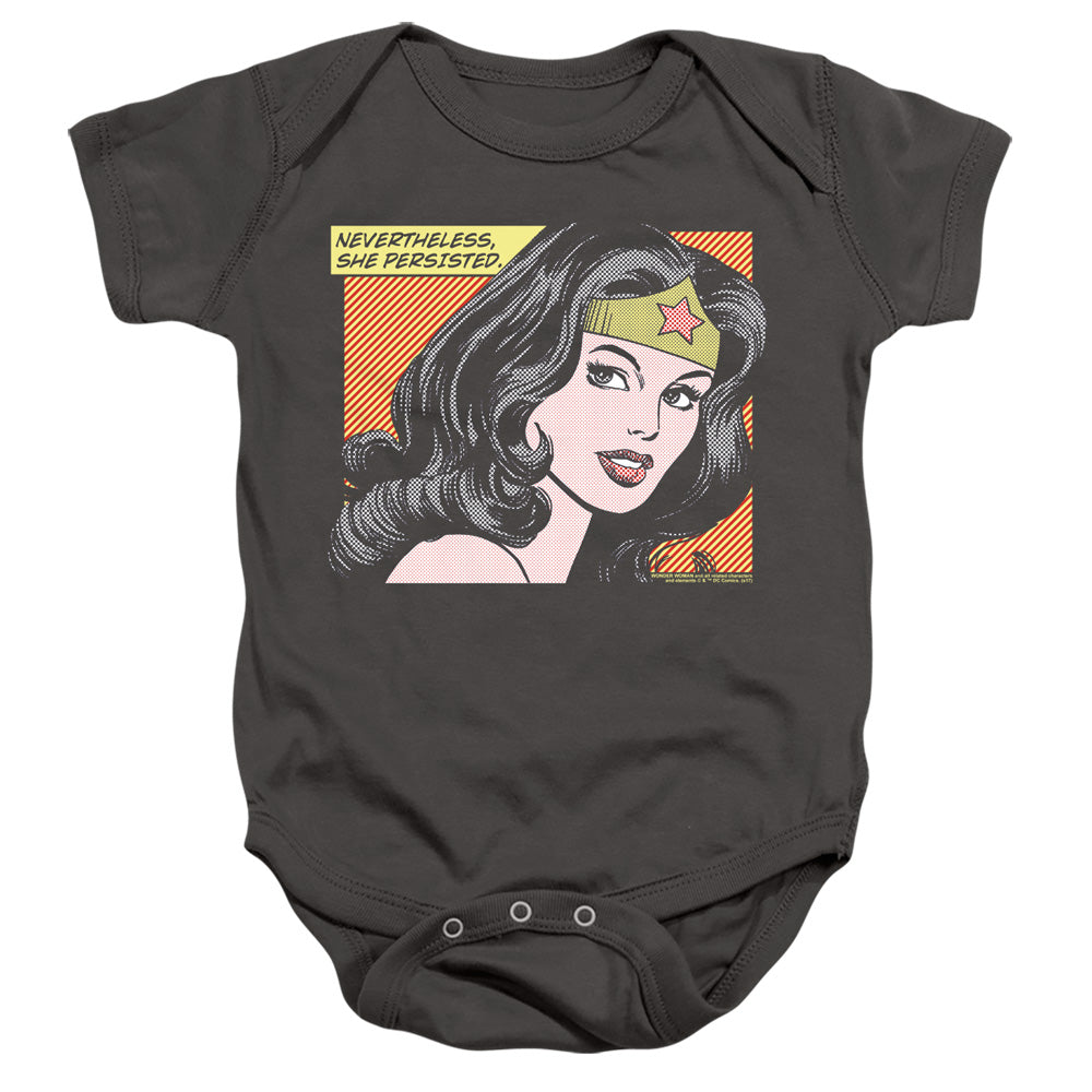 AN OFFCIALLY LICENSED DC WONDER WOMAN SHE PERSISTED BABY BODYSUIT CHARCOAL