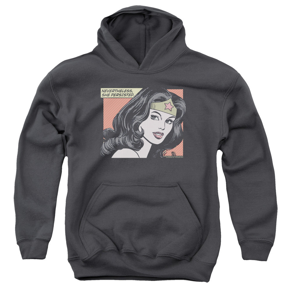 AN OFFCIALLY LICENSED DC WONDER WOMAN SHE PERSISTED YOUTH HOODIE CHARCOAL