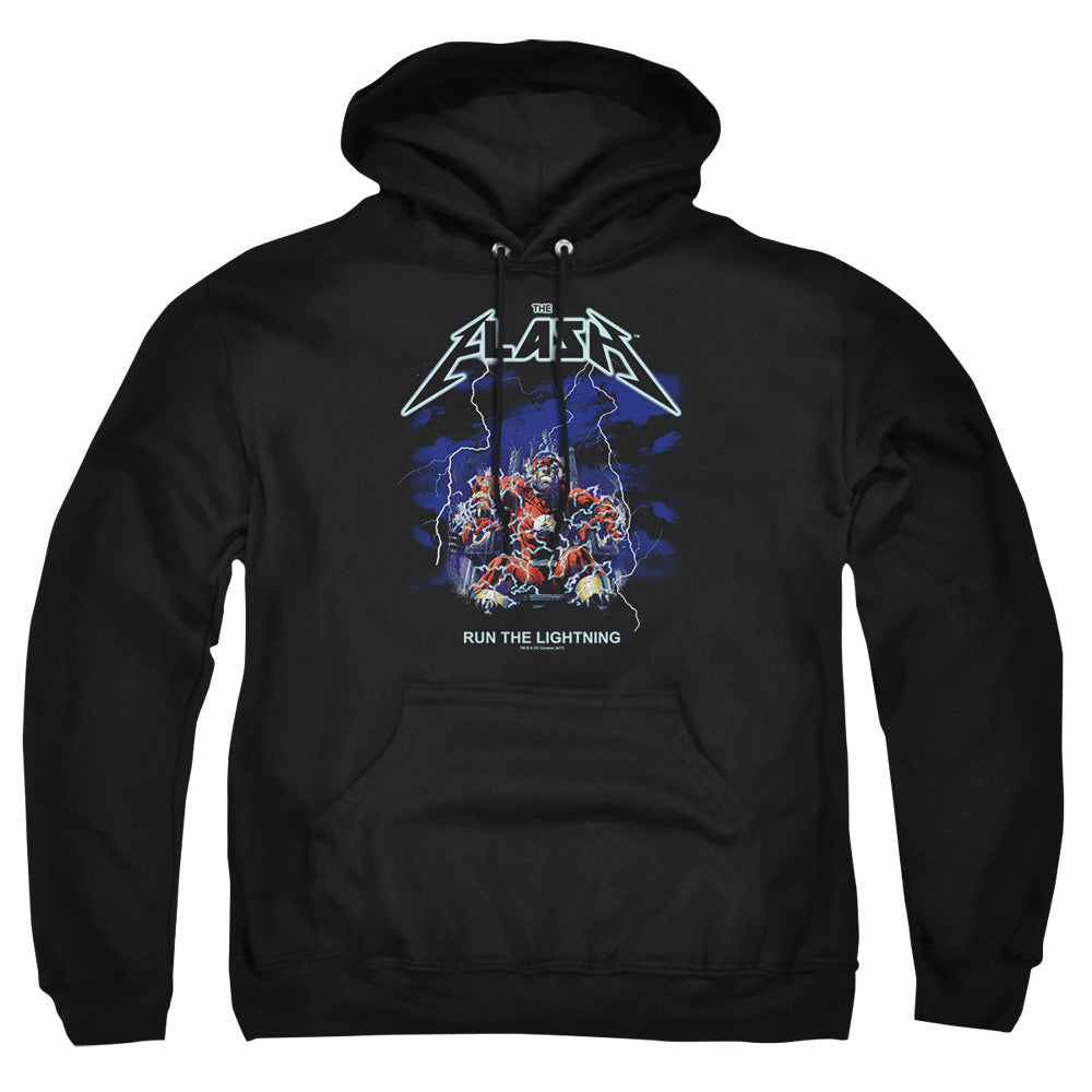 AN OFFCIALLY LICENSED DC FLASH RUN THE LIGHTNING ADULT UNISEX PULLOVER HOODIE BLACK