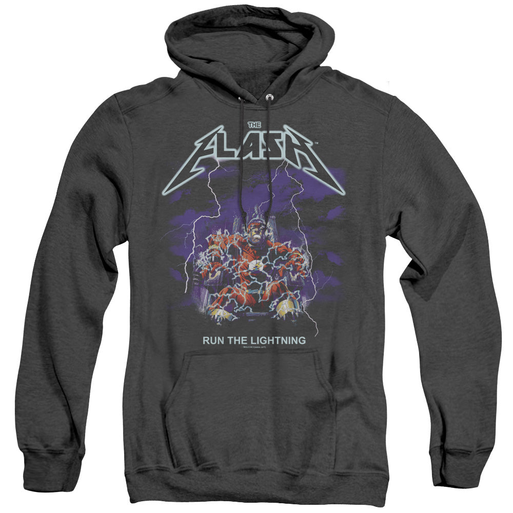 AN OFFCIALLY LICENSED DC FLASH RUN THE LIGHTNING ADULT UNISEX HEATHER PULLOVER HOODIE BLACK