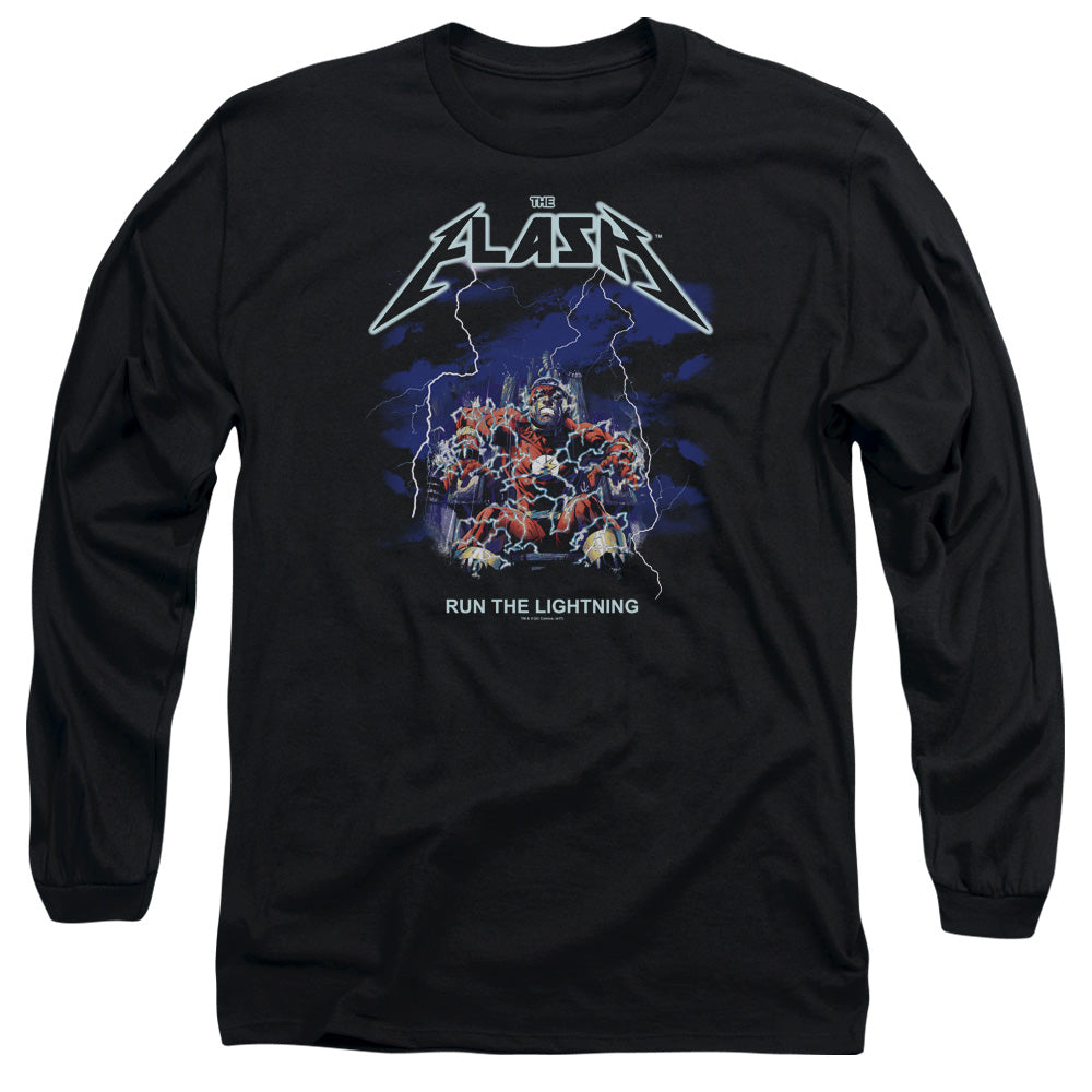 AN OFFCIALLY LICENSED DC FLASH RUN THE LIGHTNING MEN'S LONG SLEEVE T-SHIRT BLACK