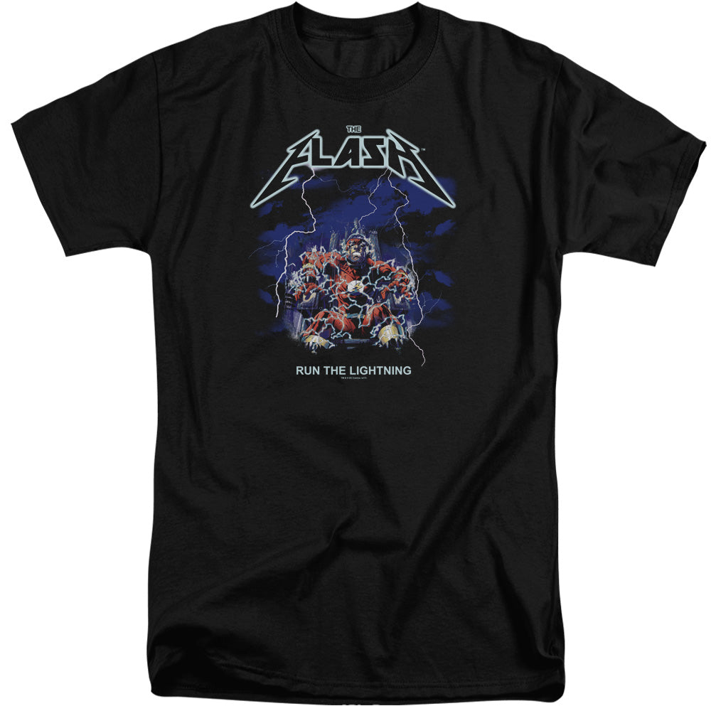 AN OFFCIALLY LICENSED DC FLASH RUN THE LIGHTNING MEN'S TALL FIT T-SHIRT BLACK