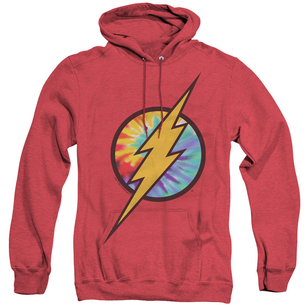 AN OFFCIALLY LICENSED DC FLASH TIE DYE FLASH LOGO ADULT UNISEX HEATHER PULLOVER HOODIE RED