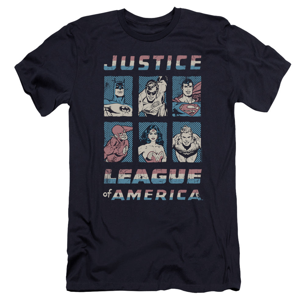AN OFFCIALLY LICENSED JLA AMERICAN LEAGUE MEN'S PREMIUM SLIM FIT T-SHIRT NAVY