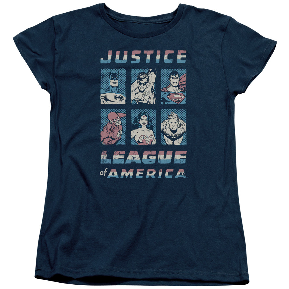 AN OFFCIALLY LICENSED JLA AMERICAN LEAGUE WOMEN'S REGULAR FIT T-SHIRT NAVY