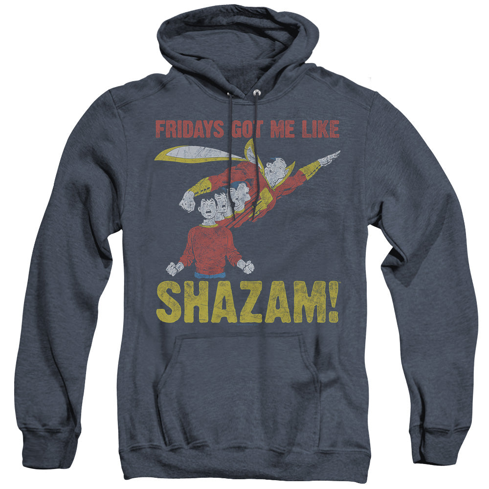 AN OFFCIALLY LICENSED JLA FRIDAYS GOT ME LIKE ADULT UNISEX HEATHER PULLOVER HOODIE NAVY