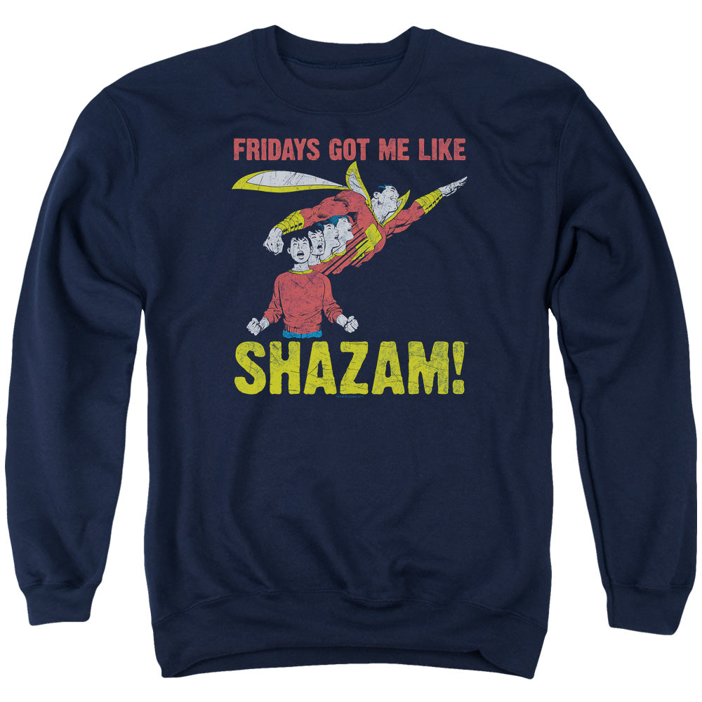AN OFFCIALLY LICENSED JLA FRIDAYS GOT ME LIKE ADULT UNISEX CREWNECK SWEATSHIRT NAVY