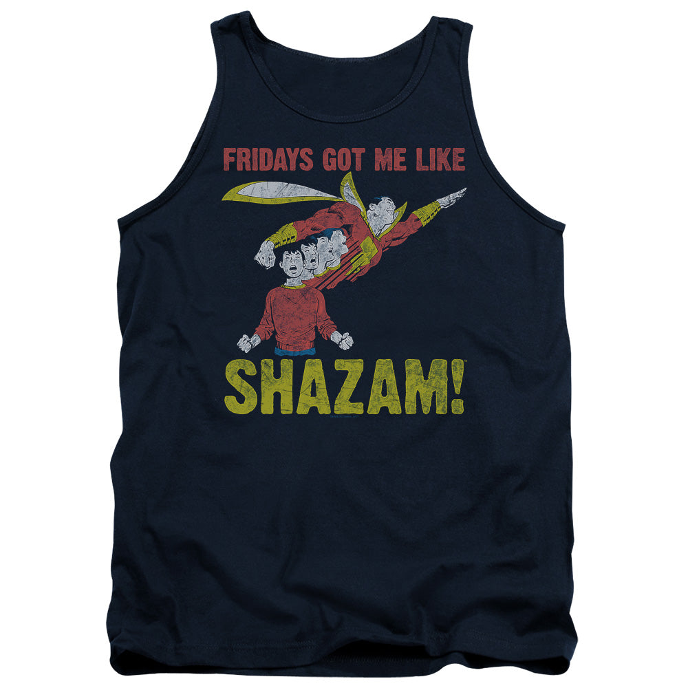 AN OFFCIALLY LICENSED JLA FRIDAYS GOT ME LIKE ADULT UNISEX TANK TOP NAVY
