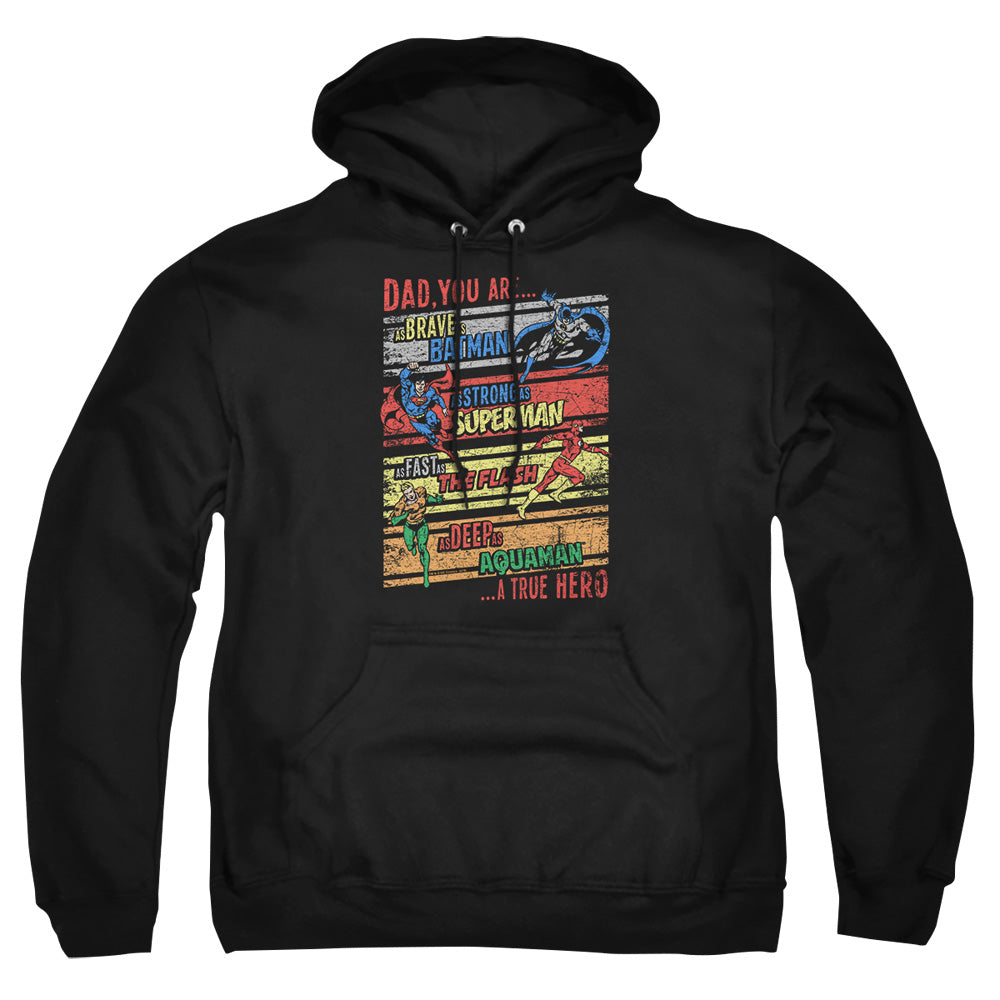 AN OFFCIALLY LICENSED JLA A TRUE HERO ADULT UNISEX PULLOVER HOODIE BLACK
