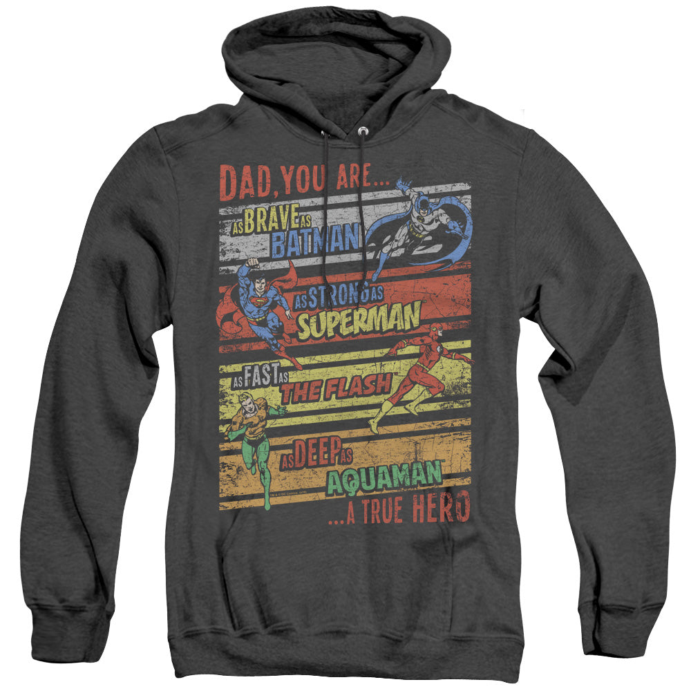 AN OFFCIALLY LICENSED JLA A TRUE HERO ADULT UNISEX HEATHER PULLOVER HOODIE BLACK