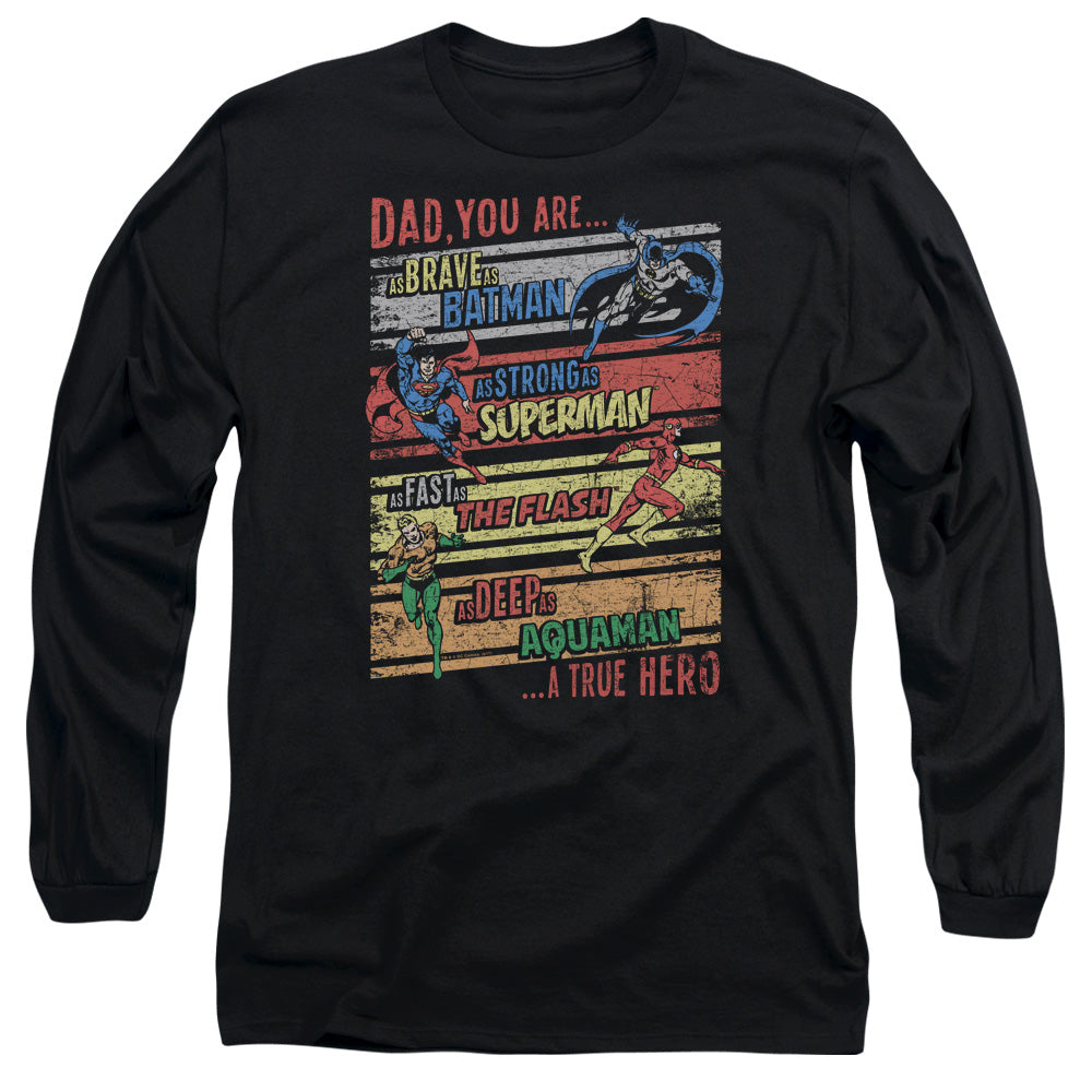 AN OFFCIALLY LICENSED JLA A TRUE HERO MEN'S LONG SLEEVE T-SHIRT BLACK