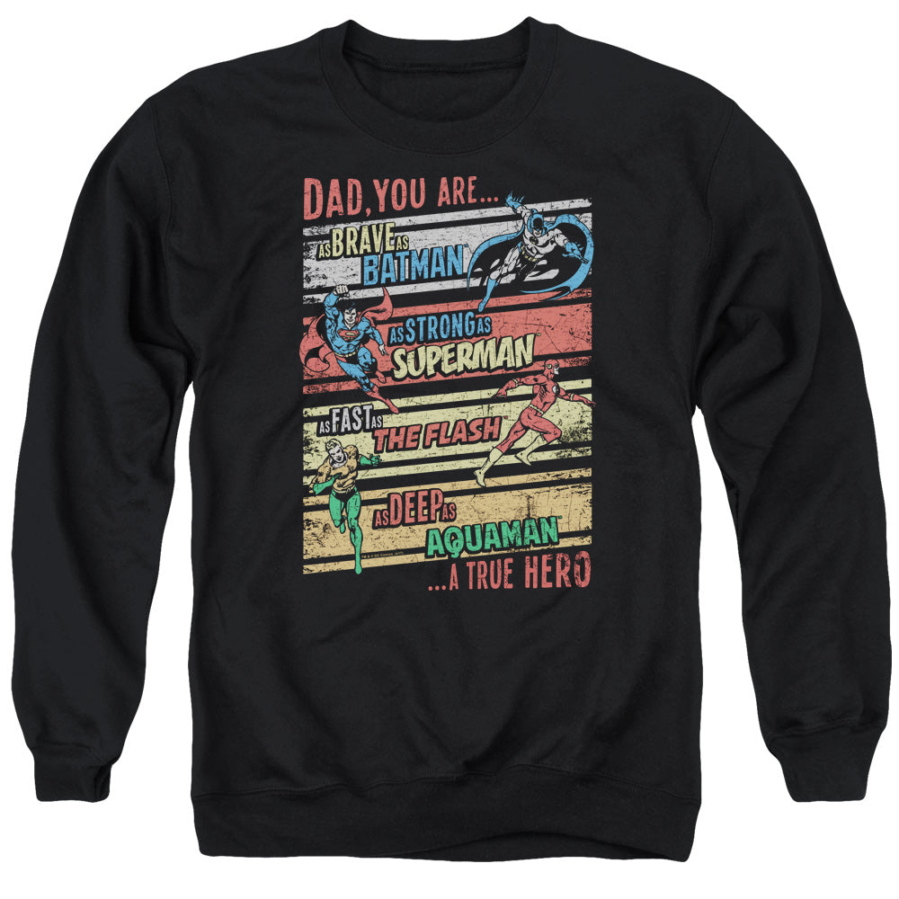 AN OFFCIALLY LICENSED JLA A TRUE HERO ADULT UNISEX CREWNECK SWEATSHIRT BLACK
