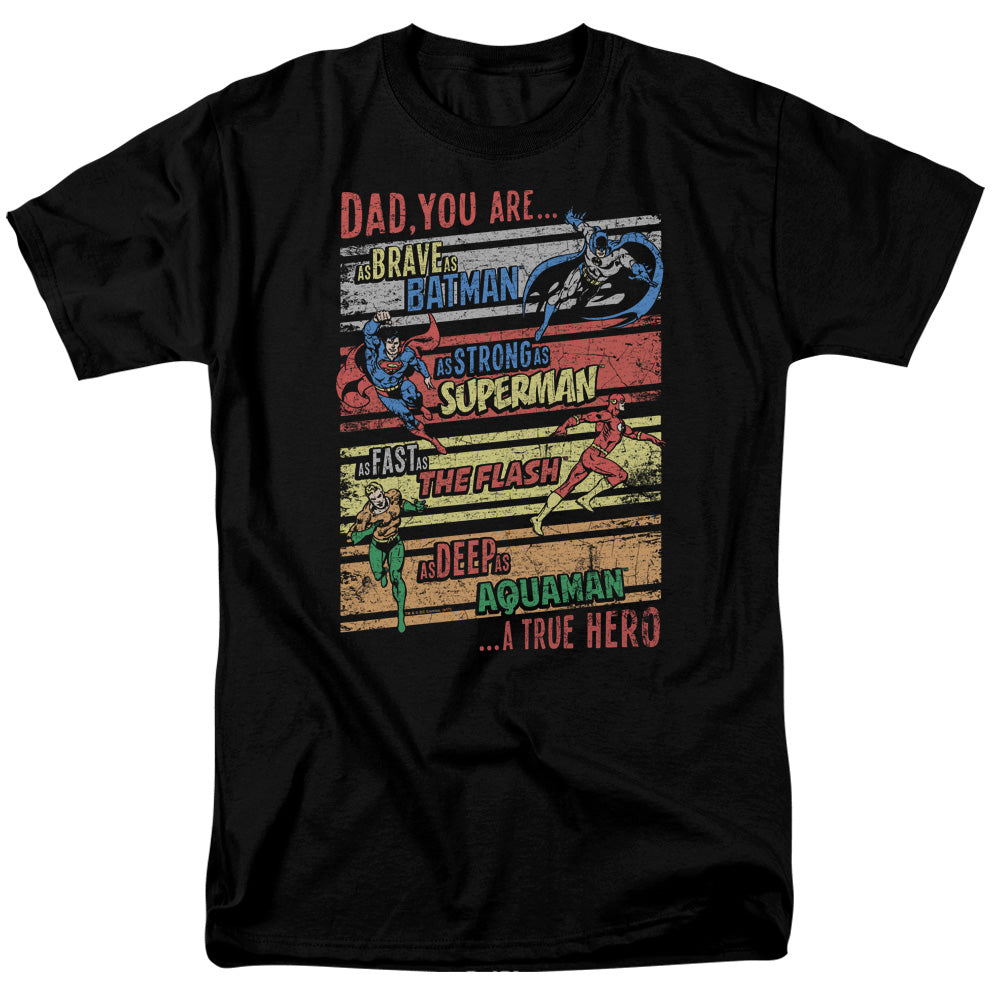 AN OFFCIALLY LICENSED JLA A TRUE HERO MEN'S REGULAR FIT T-SHIRT BLACK
