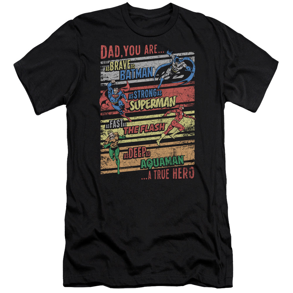 AN OFFCIALLY LICENSED JLA A TRUE HERO MEN'S PREMIUM SLIM FIT T-SHIRT BLACK