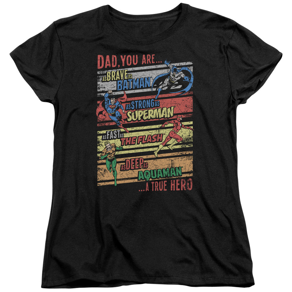AN OFFCIALLY LICENSED JLA A TRUE HERO WOMEN'S REGULAR FIT T-SHIRT BLACK
