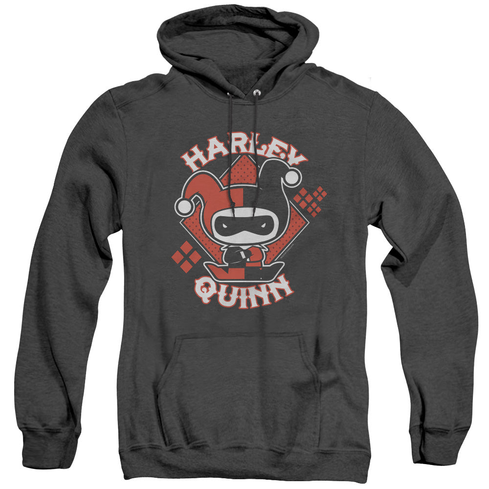 AN OFFCIALLY LICENSED JLA HARLEY CHIBI ADULT UNISEX HEATHER PULLOVER HOODIE BLACK