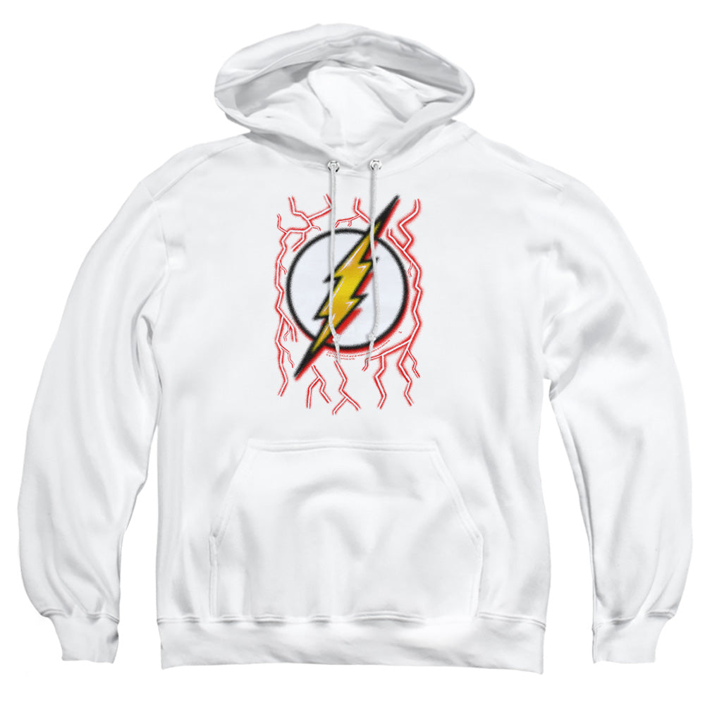 AN OFFCIALLY LICENSED DC FLASH AIRBRUSH BOLT ADULT UNISEX PULLOVER HOODIE WHITE