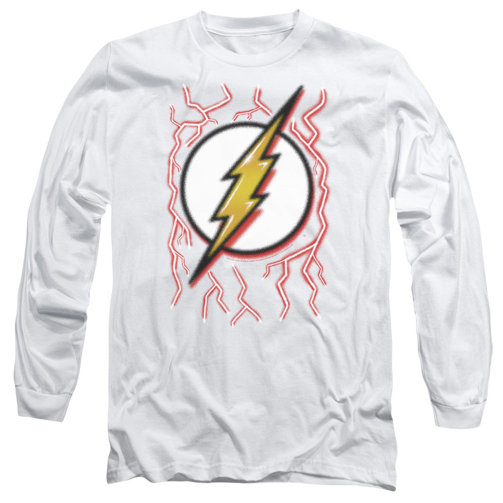 AN OFFCIALLY LICENSED DC FLASH AIRBRUSH BOLT MEN'S LONG SLEEVE T-SHIRT WHITE