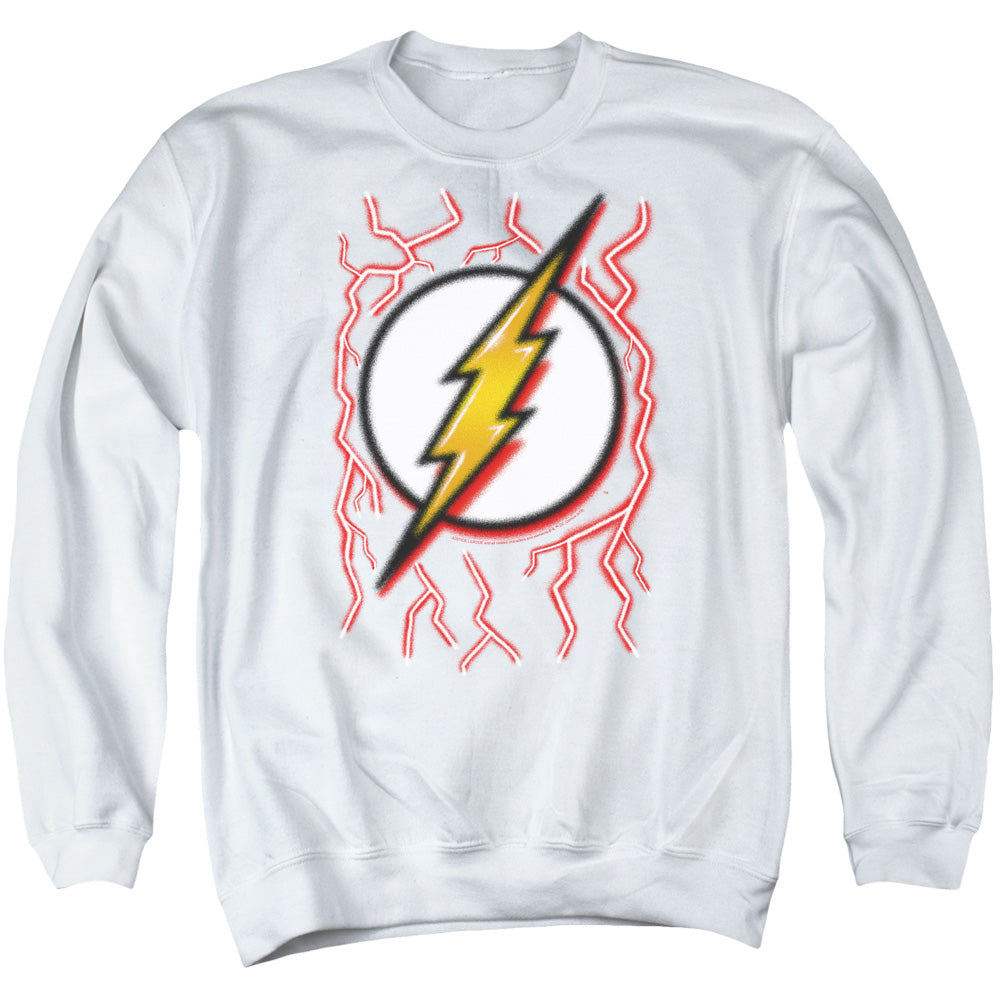 AN OFFCIALLY LICENSED DC FLASH AIRBRUSH BOLT ADULT UNISEX CREWNECK SWEATSHIRT WHITE
