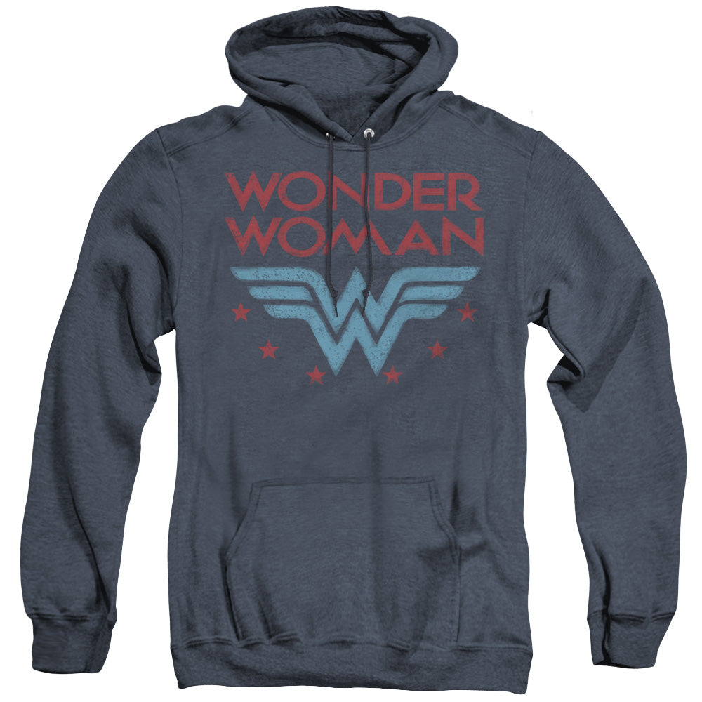 AN OFFCIALLY LICENSED DC WONDER WOMAN WONDER STARS ADULT UNISEX HEATHER PULLOVER HOODIE NAVY