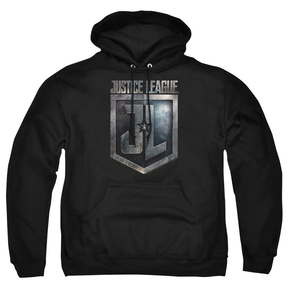 AN OFFCIALLY LICENSED JUSTICE LEAGUE MOVIE SHIELD LOGO ADULT UNISEX PULLOVER HOODIE BLACK