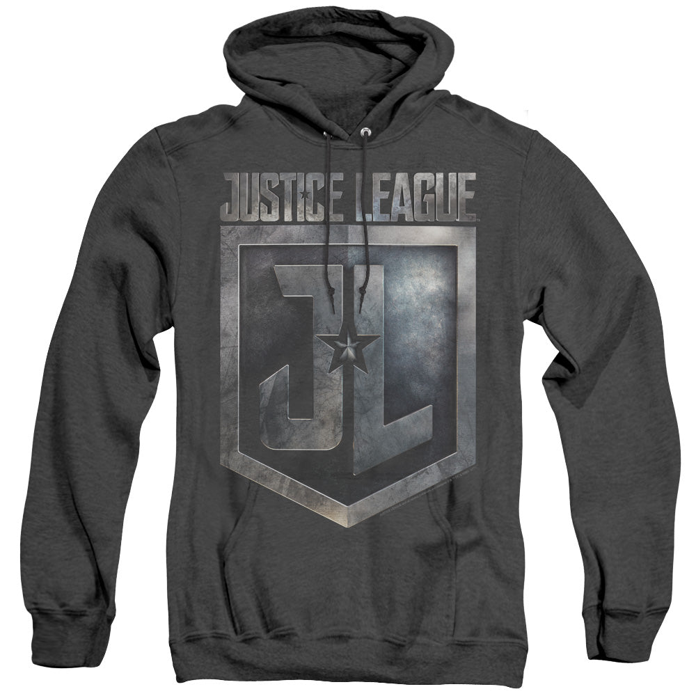 AN OFFCIALLY LICENSED JUSTICE LEAGUE MOVIE SHIELD LOGO ADULT UNISEX HEATHER PULLOVER HOODIE BLACK