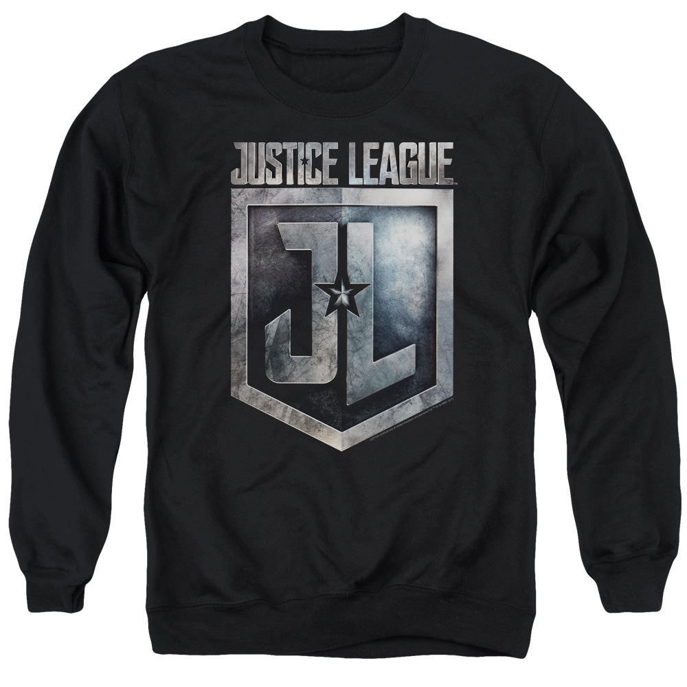 AN OFFCIALLY LICENSED JUSTICE LEAGUE MOVIE SHIELD LOGO ADULT UNISEX CREWNECK SWEATSHIRT BLACK