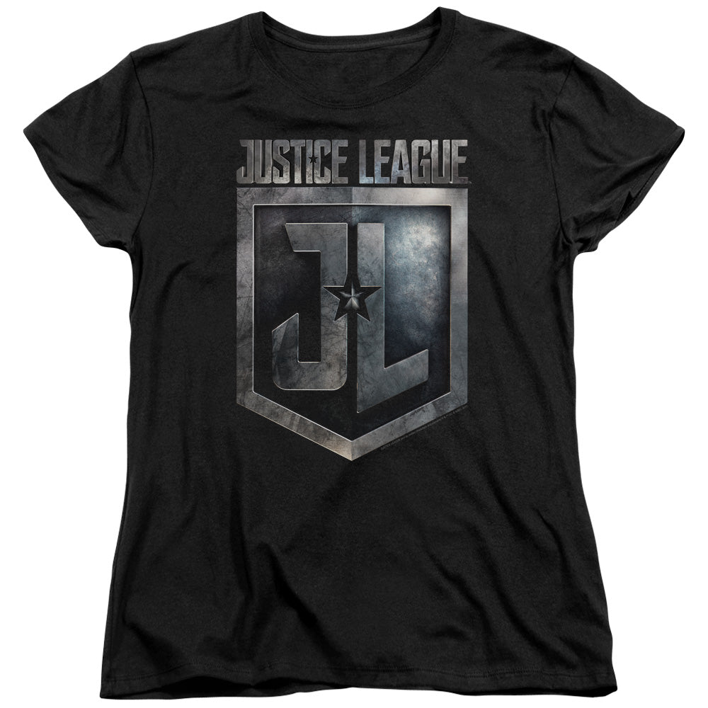 AN OFFCIALLY LICENSED JUSTICE LEAGUE MOVIE SHIELD LOGO WOMEN'S REGULAR FIT T-SHIRT BLACK