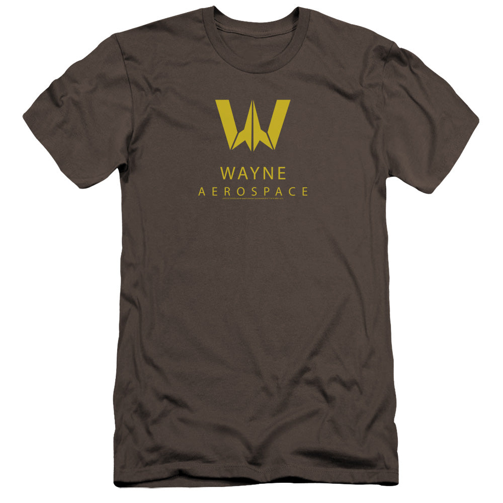 AN OFFCIALLY LICENSED JUSTICE LEAGUE WAYNE AEROSPACE MEN'S PREMIUM SLIM FIT T-SHIRT CHARCOAL