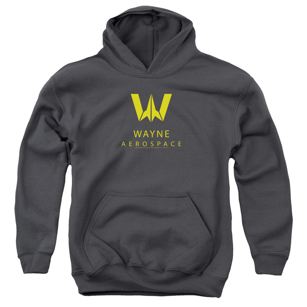 AN OFFCIALLY LICENSED JUSTICE LEAGUE WAYNE AEROSPACE YOUTH HOODIE CHARCOAL