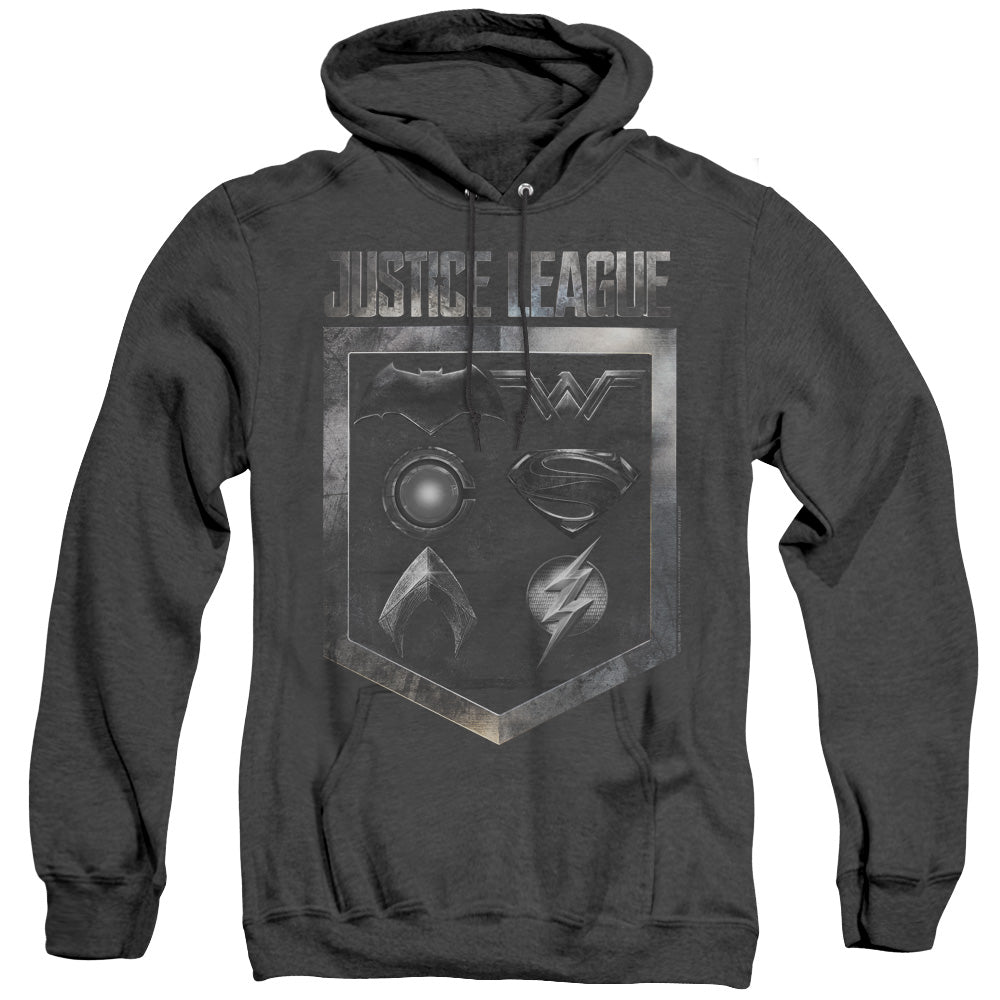 AN OFFCIALLY LICENSED JUSTICE LEAGUE MOVIE SHIELD OF EMBLEMS ADULT UNISEX HEATHER PULLOVER HOODIE BLACK