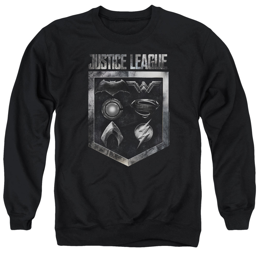 AN OFFCIALLY LICENSED JUSTICE LEAGUE MOVIE SHIELD OF EMBLEMS ADULT UNISEX CREWNECK SWEATSHIRT BLACK