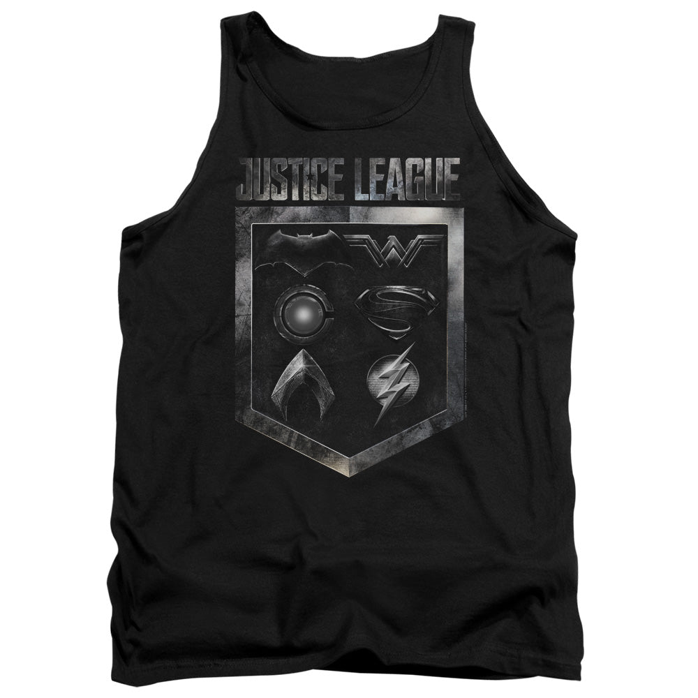 AN OFFCIALLY LICENSED JUSTICE LEAGUE MOVIE SHIELD OF EMBLEMS ADULT UNISEX TANK TOP BLACK