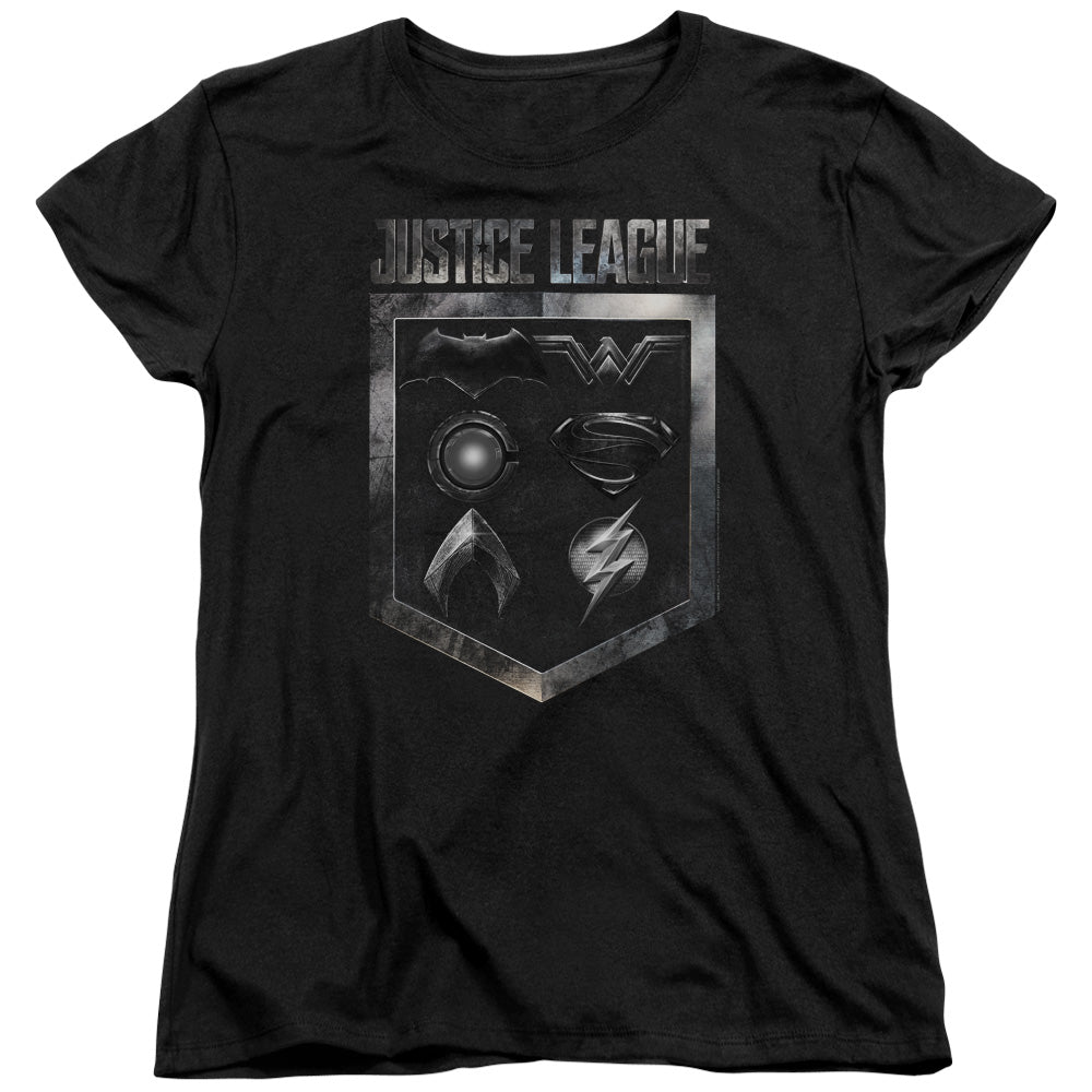 AN OFFCIALLY LICENSED JUSTICE LEAGUE MOVIE SHIELD OF EMBLEMS WOMEN'S REGULAR FIT T-SHIRT BLACK