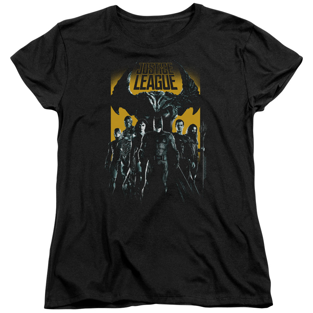 AN OFFCIALLY LICENSED JUSTICE LEAGUE MOVIE STAND UP TO EVIL WOMEN'S REGULAR FIT T-SHIRT BLACK