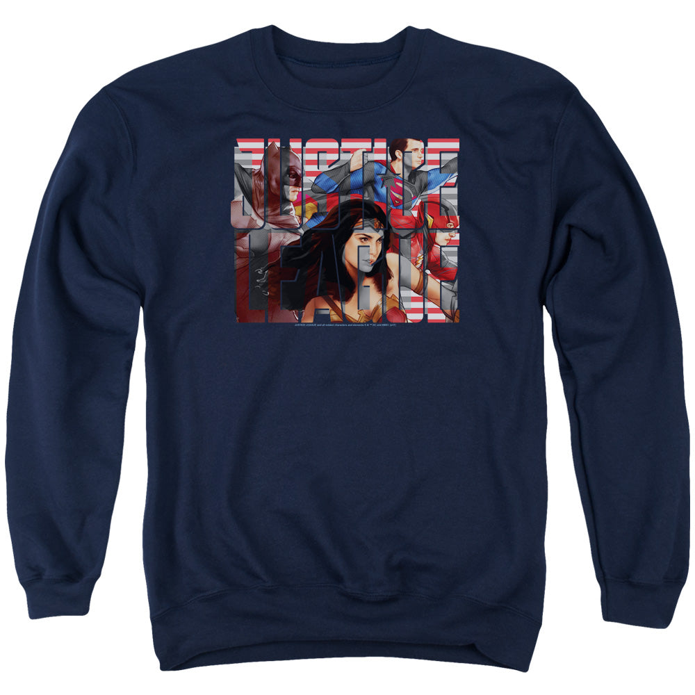 AN OFFCIALLY LICENSED JUSTICE LEAGUE MOVIE RALLY ADULT UNISEX CREWNECK SWEATSHIRT NAVY