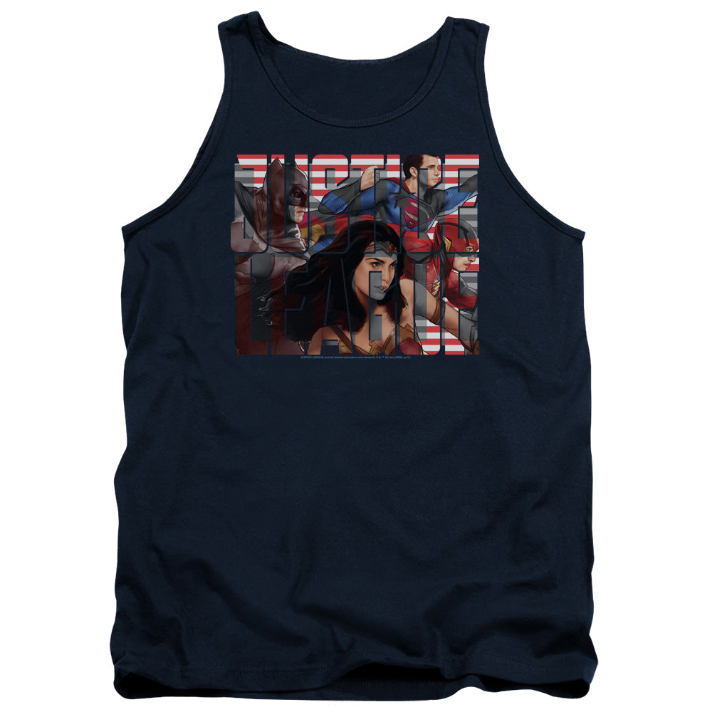 AN OFFCIALLY LICENSED JUSTICE LEAGUE MOVIE RALLY ADULT UNISEX TANK TOP NAVY