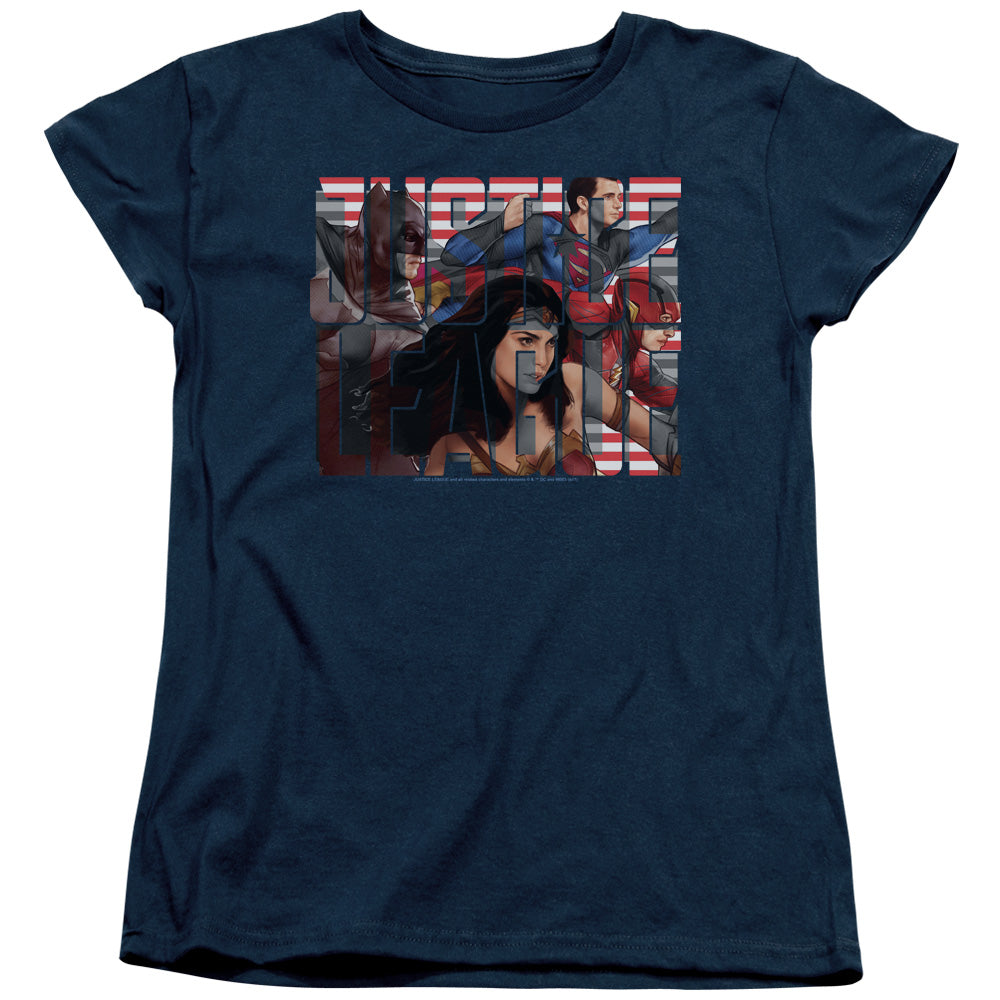 AN OFFCIALLY LICENSED JUSTICE LEAGUE MOVIE RALLY WOMEN'S REGULAR FIT T-SHIRT NAVY