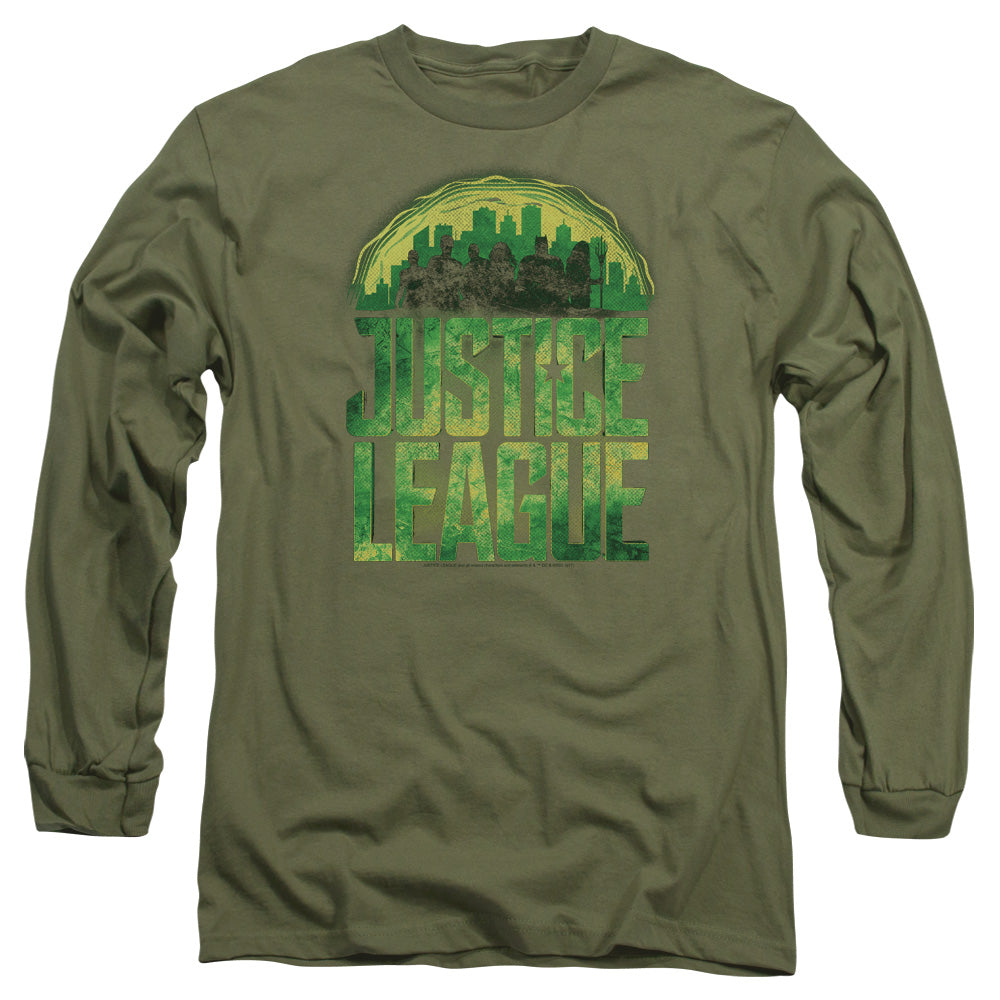 AN OFFCIALLY LICENSED JUSTICE LEAGUE MOVIE KRYPTONITE MEN'S LONG SLEEVE T-SHIRT MILITARY GREEN