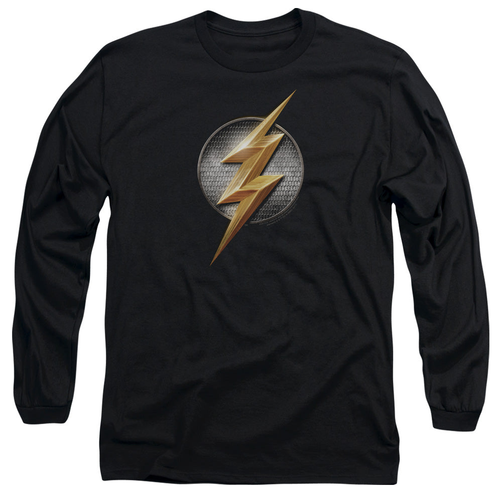 AN OFFCIALLY LICENSED JUSTICE LEAGUE MOVIE FLASH LOGO MEN'S LONG SLEEVE T-SHIRT BLACK