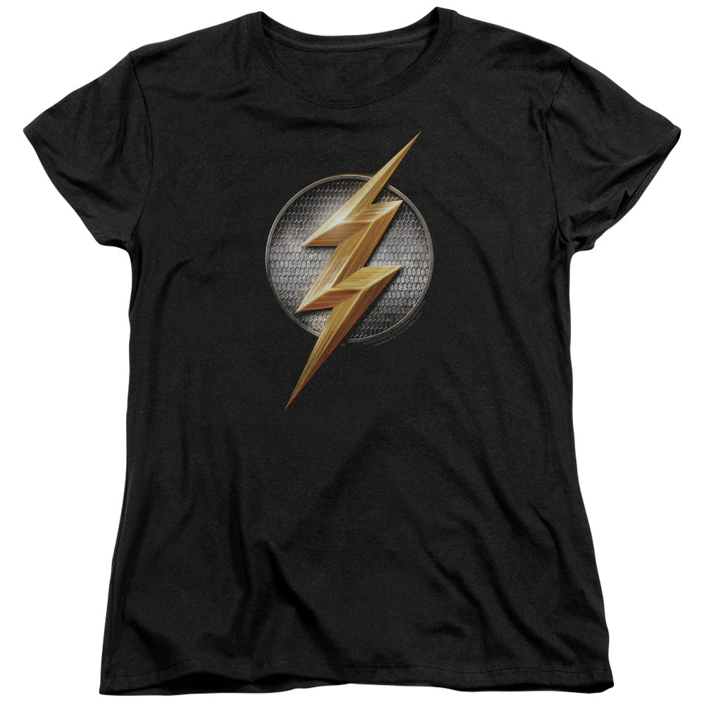 AN OFFCIALLY LICENSED JUSTICE LEAGUE MOVIE FLASH LOGO WOMEN'S REGULAR FIT T-SHIRT BLACK
