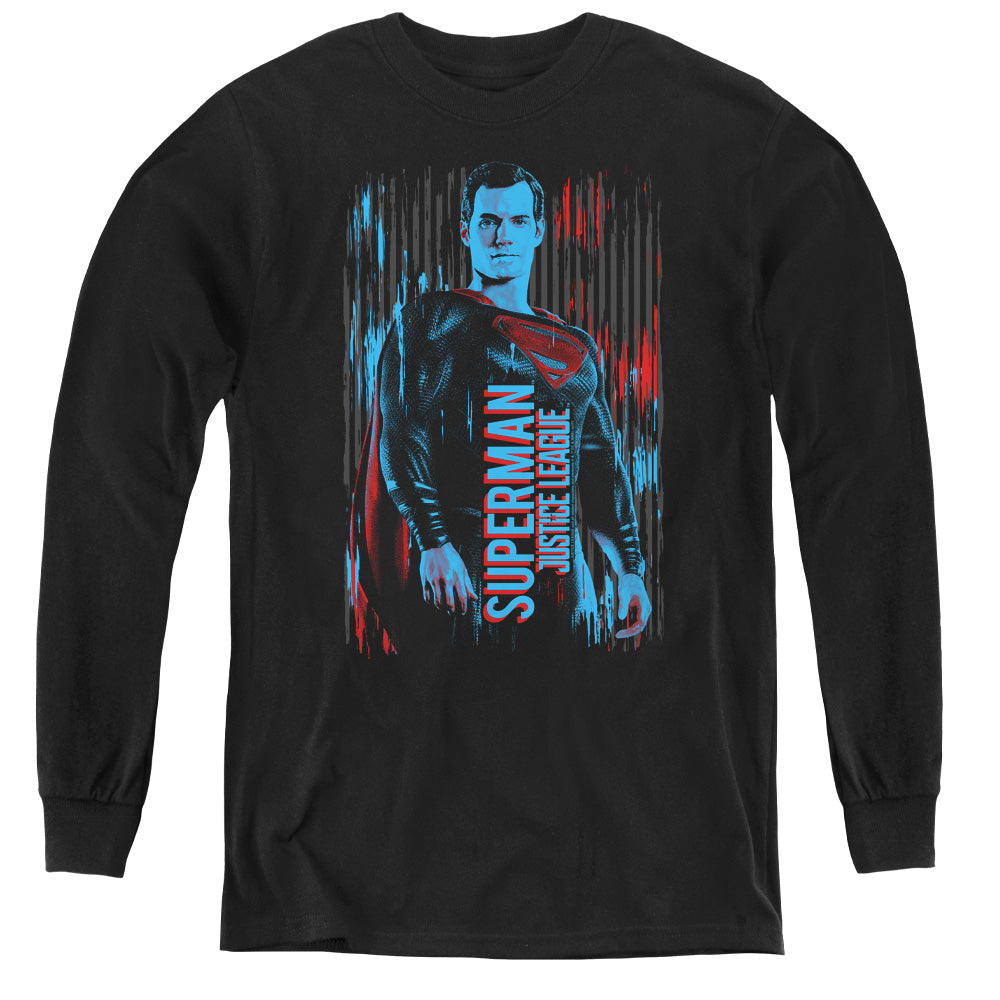 AN OFFCIALLY LICENSED JUSTICE LEAGUE MOVIE SUPERMAN YOUTH LONG SLEEVE T-SHIRT BLACK