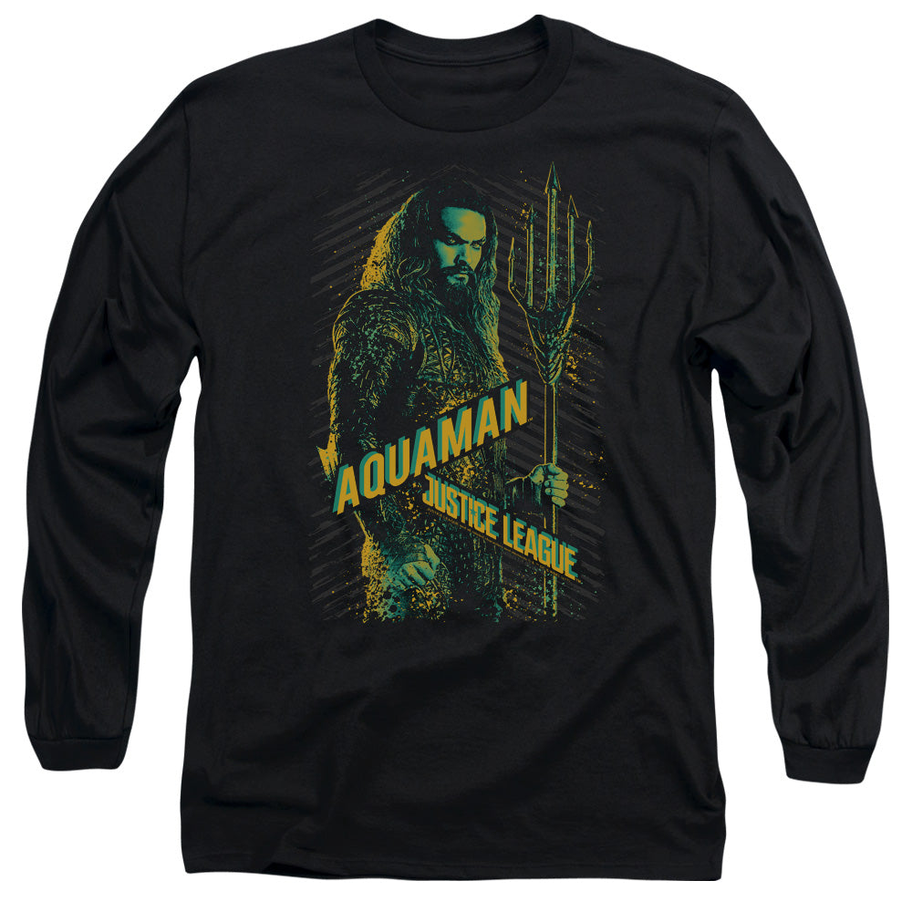 AN OFFCIALLY LICENSED JUSTICE LEAGUE MOVIE AQUAMAN MEN'S LONG SLEEVE T-SHIRT BLACK