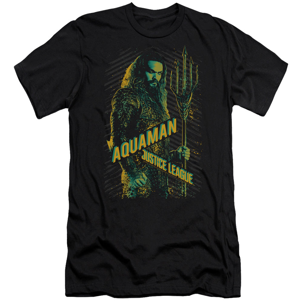 AN OFFCIALLY LICENSED JUSTICE LEAGUE MOVIE AQUAMAN MEN'S PREMIUM SLIM FIT T-SHIRT BLACK