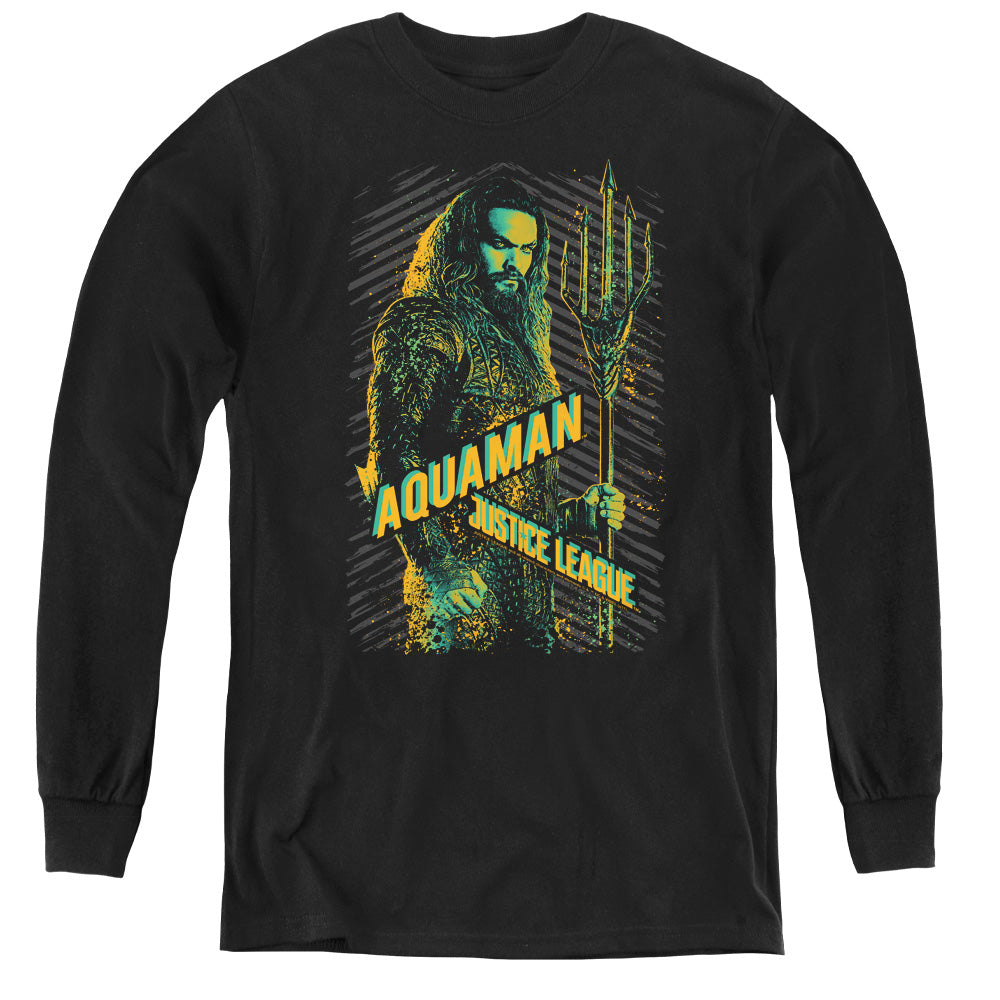 AN OFFCIALLY LICENSED JUSTICE LEAGUE MOVIE AQUAMAN YOUTH LONG SLEEVE T-SHIRT BLACK