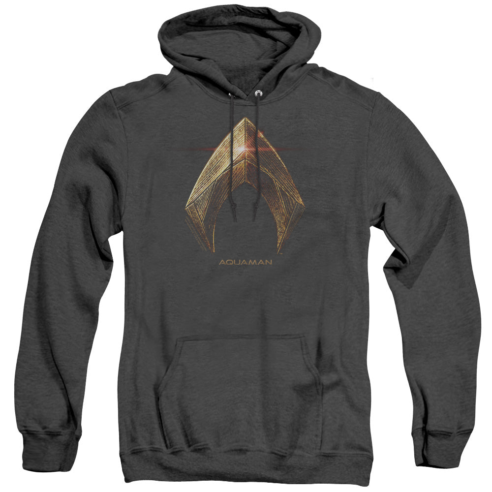 AN OFFCIALLY LICENSED JUSTICE LEAGUE MOVIE AQUAMAN LOGO ADULT UNISEX HEATHER PULLOVER HOODIE BLACK