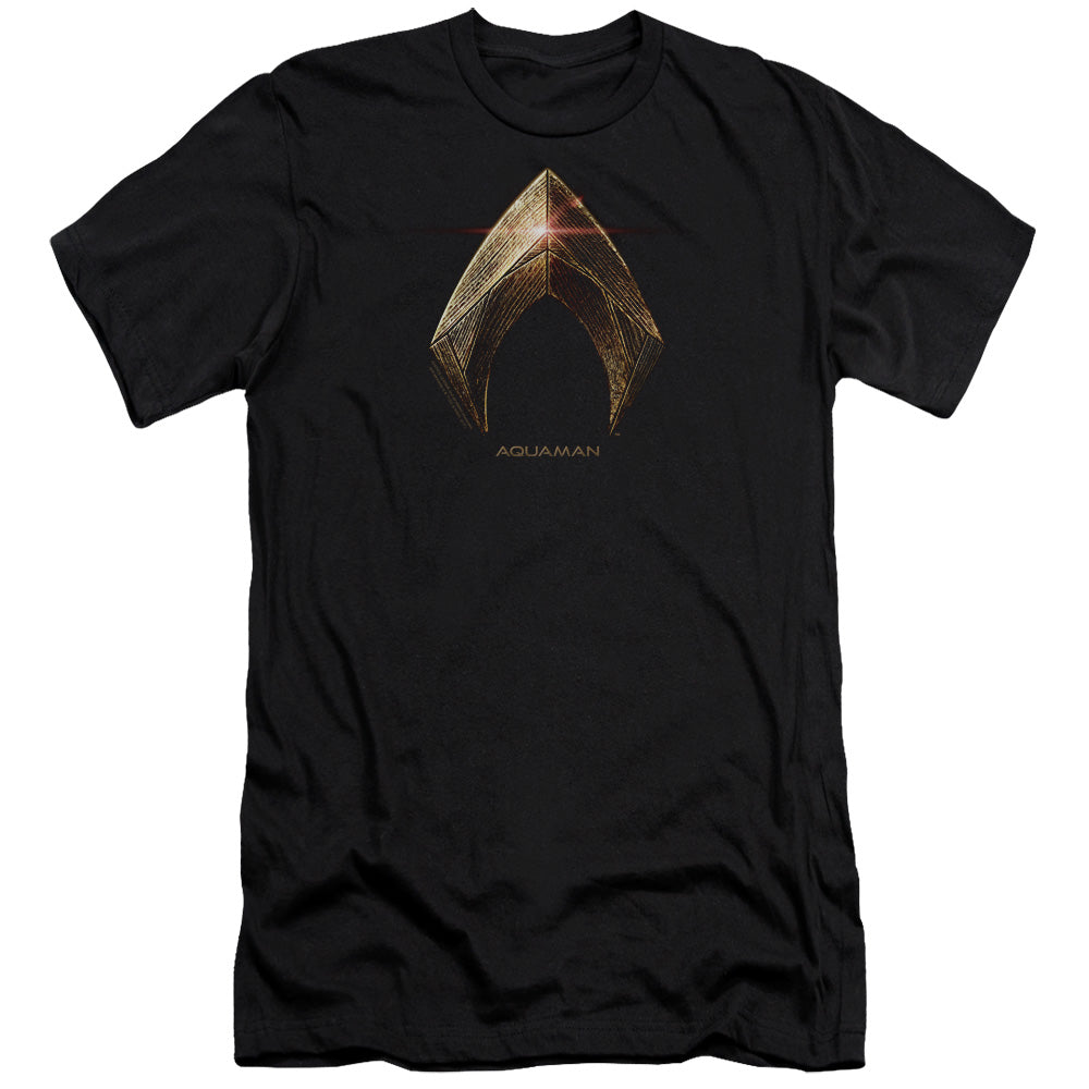 AN OFFCIALLY LICENSED JUSTICE LEAGUE MOVIE AQUAMAN LOGO MEN'S PREMIUM SLIM FIT T-SHIRT BLACK
